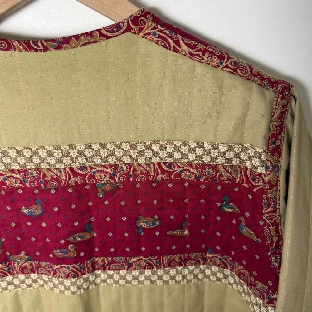 Vintage Quilted Jacket Womens Large Tan Red Duck Paisley Patchwork Handmade Boho